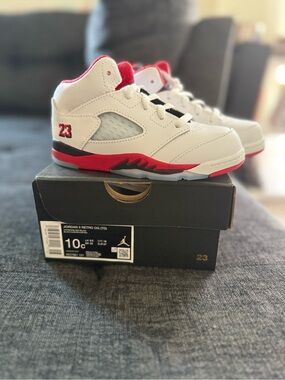 Jordan Kids White and Red Retro 5 Basketball Sneakers